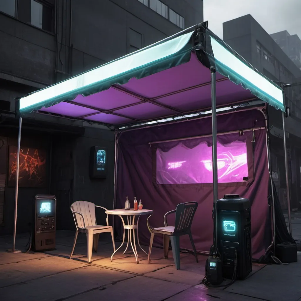 Prompt: cry a cyberpunk electronic cover awnings and tents
