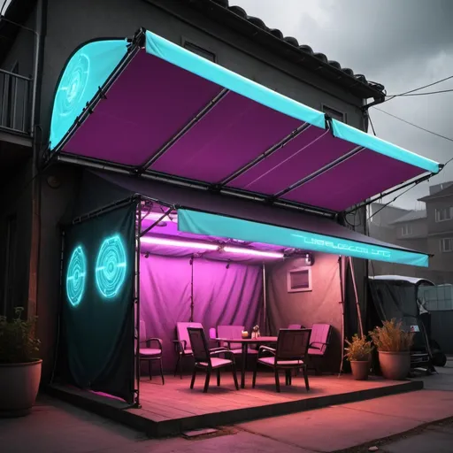 Prompt: cry a cyberpunk electronic cover awnings and tents leds house


