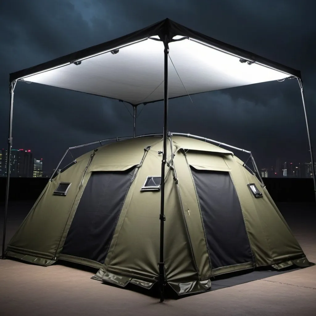 Prompt: cry a cyberpunk electronic cover awnings and tents leds military

