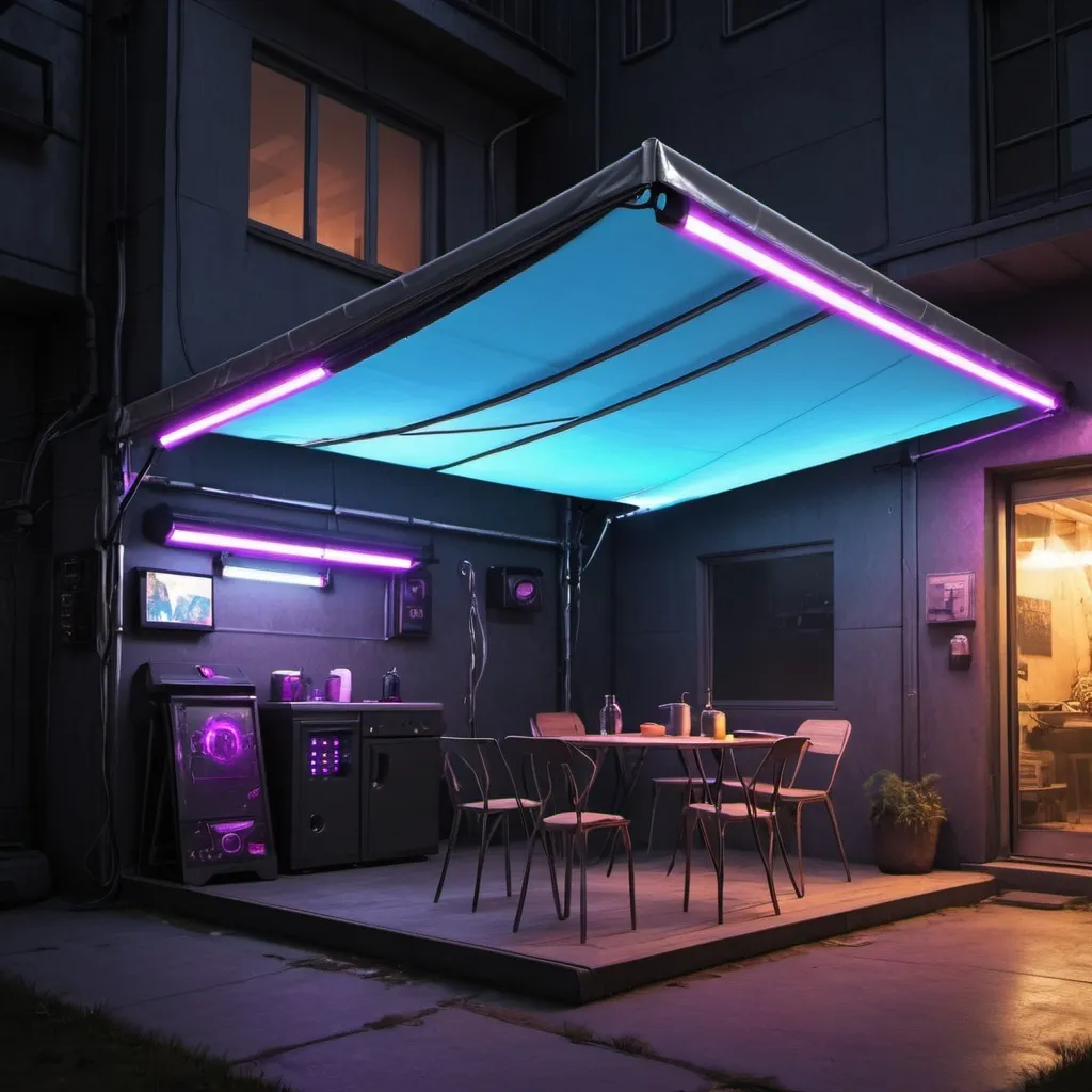 Prompt: cry a cyberpunk electronic cover awnings and tents leds house



