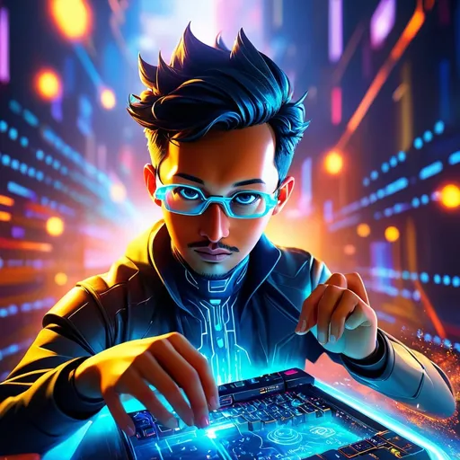 Prompt: A futuristic individual amidst a holographic aura, surrounded by swirling clouds of iridescent data streams, sits at a sleek, neon-lit console, fingers dancing across a Cyberpunk-inspired keyboard as they navigate a labyrinthine financial landscape; cool, golden lighting illuminates the scene, with bursts of electric blue and crimson highlighting key data points, as a mesmerizing atmospheric haze casts an air of sophistication, innovation, and limitless possibility, evoking a sense of cutting-edge, high-stakes financial wizardry.