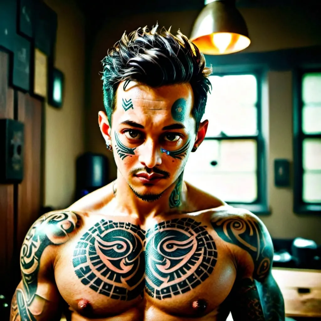 Prompt: High-resolution, close-up portrait of a muscular man with a stern expression. He has a light skin tone, a well-groomed beard, and short, styled hair. His upper body is heavily tattooed with intricate designs, including prominent owl tattoos on his chest. The background is an indoor setting with a slightly blurred, industrial-style room featuring wooden cabinets and metal elements. The lighting is dramatic, highlighting the contours of his muscles and the details of his tattoos, Generates an image in the likeness of the provided detail face character reference image