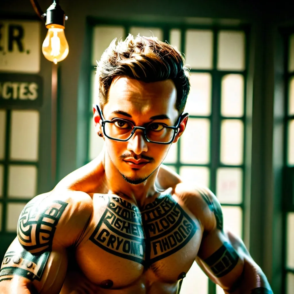 Prompt: High-resolution, close-up portrait of a muscular man with a happy expression. He has a light skin tone, a well-groomed beard, and short, styled hair. His upper body is heavily tattooed with intricate designs, including prominent letter cryptolioneirs tattoos on his chest. The background is an indoor setting with a slightly blurred, industrial-style room featuring wooden cabinets and metal elements. The lighting is dramatic, highlighting the contours of his muscles and the details of his tattoos, Generates an image in the likeness of the provided detail face character reference image