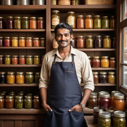Prompt: Handsome Indian man, owner of a jam & pickle shop, glass doors, aesthetically arranged products, high quality, detailed realism, warm natural lighting, vintage aesthetic, handsome man, cozy atmosphere, rustic charm, artisanal setting