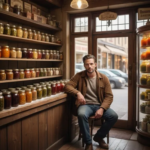 Prompt: Handsome man sitting in a jam and pickle shop, glass doors, aesthetically arranged products, high quality, detailed realism, warm natural lighting, vintage aesthetic, handsome man, cozy atmosphere, rustic charm, artisanal setting