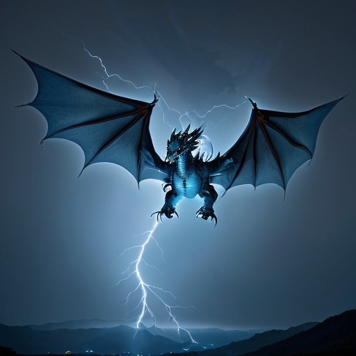 Prompt: light blue dragon flying while shooting lightning out of its mouth at night