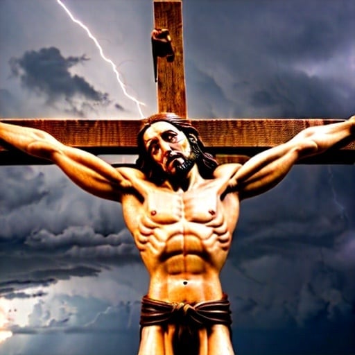 Prompt: show Jesus crucified on the cross in a thunderstorm
