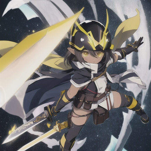 Prompt: an anime character with a helmet flying through the dark void with a sword, solo, dark skin, pointy ears, yellow eyes, gloves, holding, looking at viewer, pouch