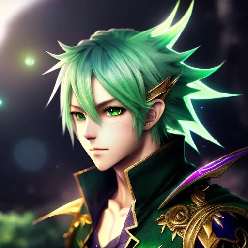 Prompt: High-res, detailed anime artwork of a boy with green hair and pointy ears, vibrant and colorful, fantasy setting, intricate clothing design, whimsical and magical, pointy ears, fantasy, vibrant colors, detailed hair, anime, high quality, detailed clothing, whimsical, magical, atmospheric lighting