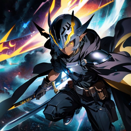 Prompt:  an anime character with a helmet flying through the dark void with a sword, solo, dark skin, pointy ears, yellow eyes, gloves, holding, looking at viewer, pouch