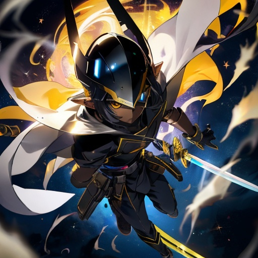 Prompt:  an anime character with a helmet flying through the dark void with a sword, solo, dark skin, pointy ears, yellow eyes, gloves, holding, looking at viewer, pouch