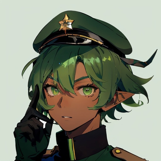 Prompt: a young person with green hair dressed in military wear with a hat, gloves, pointy ears, green hair, hat, black gloves, 1boy, male focus, solo, dark skin