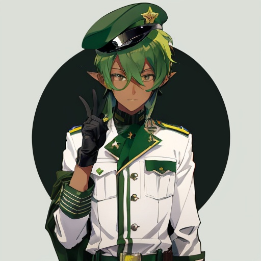 Prompt: a young person with green hair dressed in military wear with a hat, gloves, pointy ears, green hair, hat, black gloves, 1boy, male focus, solo, dark skin