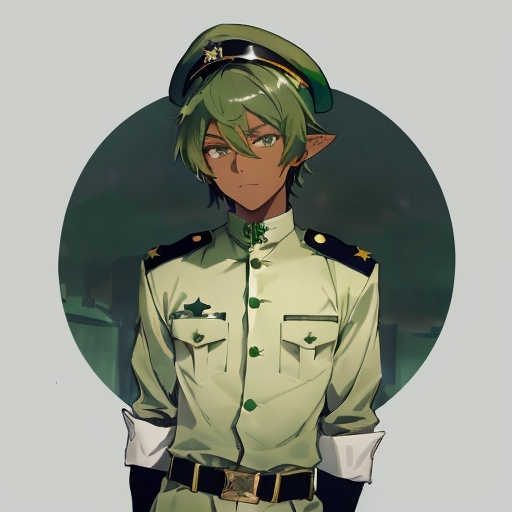 Prompt: a young person with green hair dressed in military wear with a hat, gloves, pointy ears, green hair, hat, black gloves, 1boy, male focus, solo, dark skin