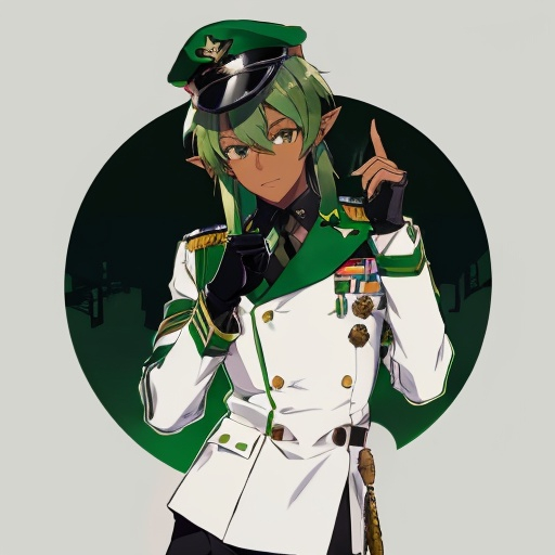 Prompt: a young person with green hair dressed in military wear with a hat, gloves, pointy ears, green hair, hat, black gloves, 1boy, male focus, solo, dark skin