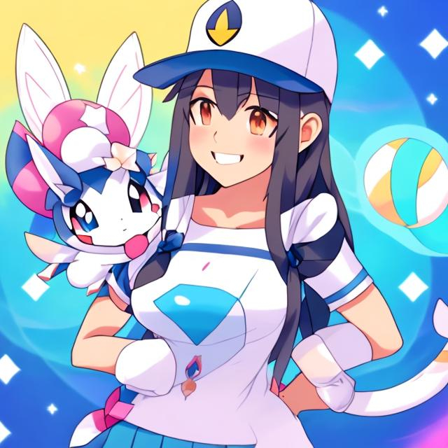 Prompt: Pokemon trainer Pixel Moon-Ryder, and her Sylveon
