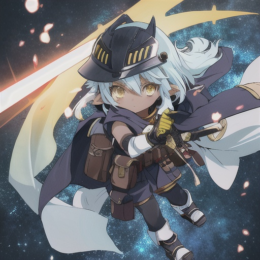 Prompt: an anime character with a helmet flying through the dark void with a sword, solo, dark skin, pointy ears, yellow eyes, gloves, holding, looking at viewer, pouch