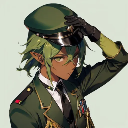 Prompt: a young person with green hair dressed in military wear with a hat, gloves, pointy ears, green hair, hat, black gloves, 1boy, male focus, solo, dark skin