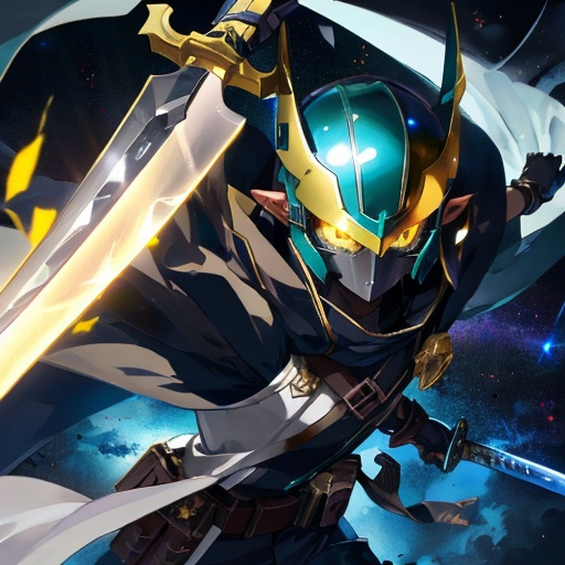 Prompt:  an anime character with a helmet flying through the dark void with a sword, solo, dark skin, pointy ears, yellow eyes, gloves, holding, looking at viewer, pouch