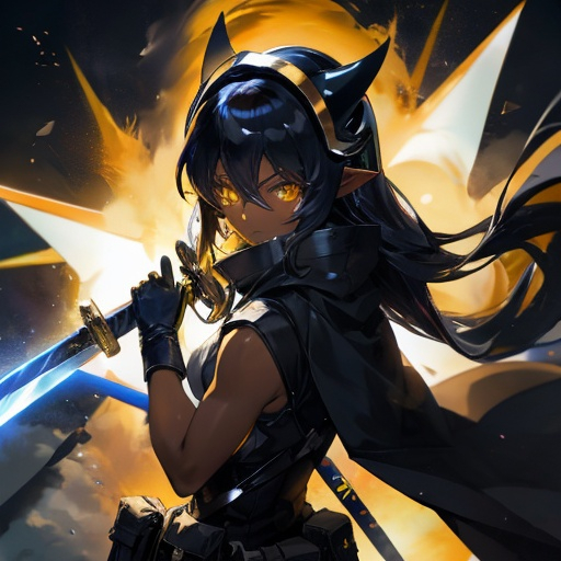 Prompt:  an anime character with a helmet flying through the dark void with a sword, solo, dark skin, pointy ears, yellow eyes, gloves, holding, looking at viewer, pouch