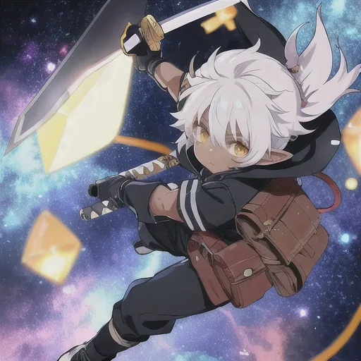 Prompt: an anime boy with a helmet flying through the dark void with a sword, solo, dark skin, pointy ears, yellow eyes, gloves, holding, looking at viewer, pouch