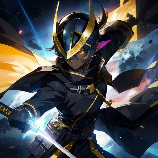 Prompt:  an anime character with a helmet flying through the dark void with a sword, solo, dark skin, pointy ears, yellow eyes, gloves, holding, looking at viewer, pouch