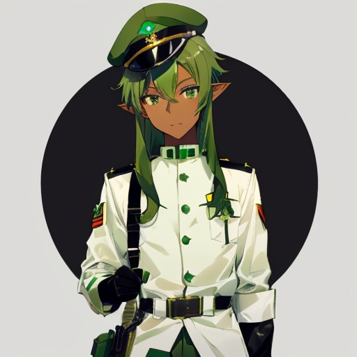 Prompt: a young person with green hair dressed in military wear with a hat, gloves, pointy ears, green hair, hat, black gloves, 1boy, male focus, solo, dark skin