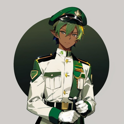 Prompt: a young person with green hair dressed in military wear with a hat, gloves, pointy ears, green hair, hat, black gloves, 1boy, male focus, solo, dark skin