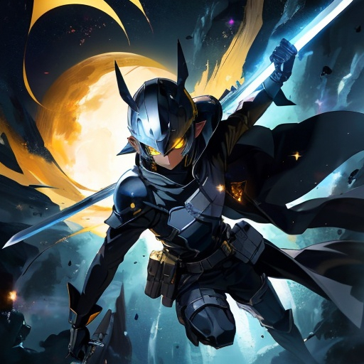 Prompt:  an anime character with a helmet flying through the dark void with a sword, solo, dark skin, pointy ears, yellow eyes, gloves, holding, looking at viewer, pouch