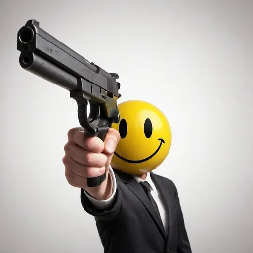 Prompt: a smiley face pointing a gun at the camera

