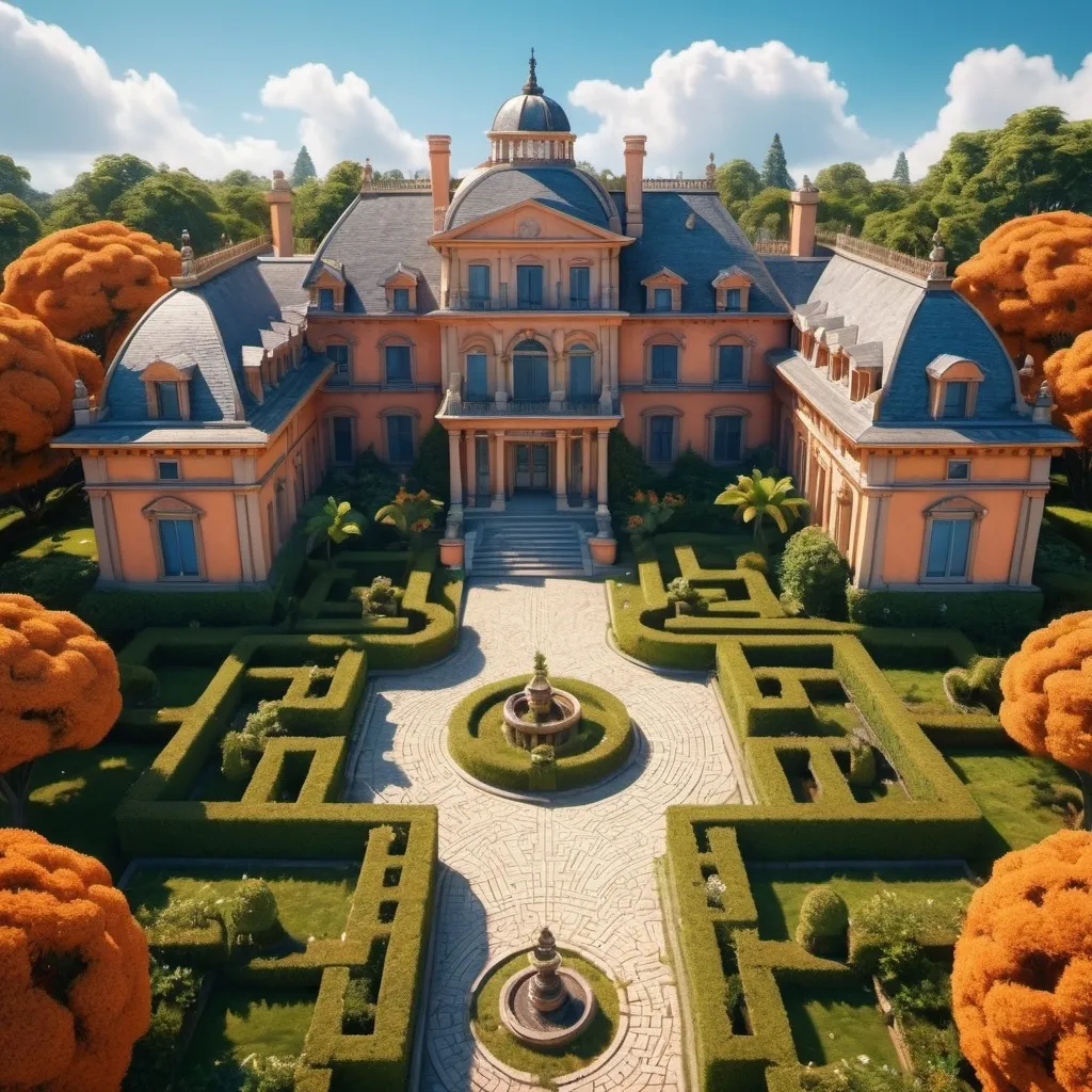 Prompt: A big old $million house with a little bit of orange on it with a maze, and a sign that said property of Pico.