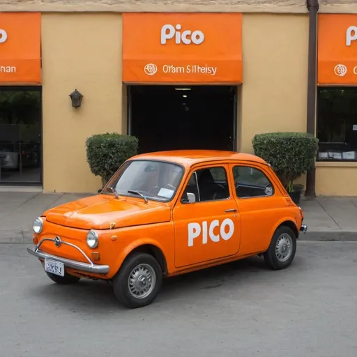 Prompt: A orange car with the word Pico on the front door.