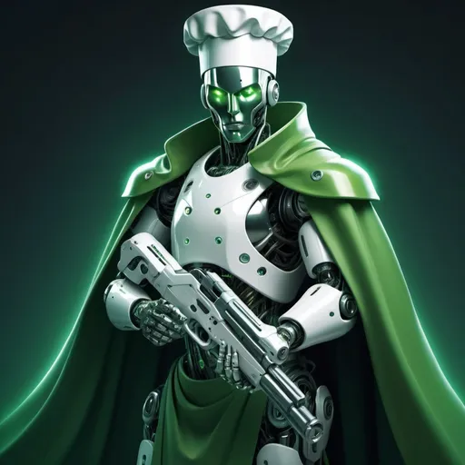 Prompt: High-res digital illustration of a robotic figure with piercing white eyes, dual-wielding futuristic firearms, adorned with a flowing green cape and a chef hat, sci-fi, professional, detailed design, cool tones, intense lighting, futuristic, surreal, chef hat, flowing cape, cybernetic, detailed guns, highres, detailed eyes, digital art, futuristic, intense lighting