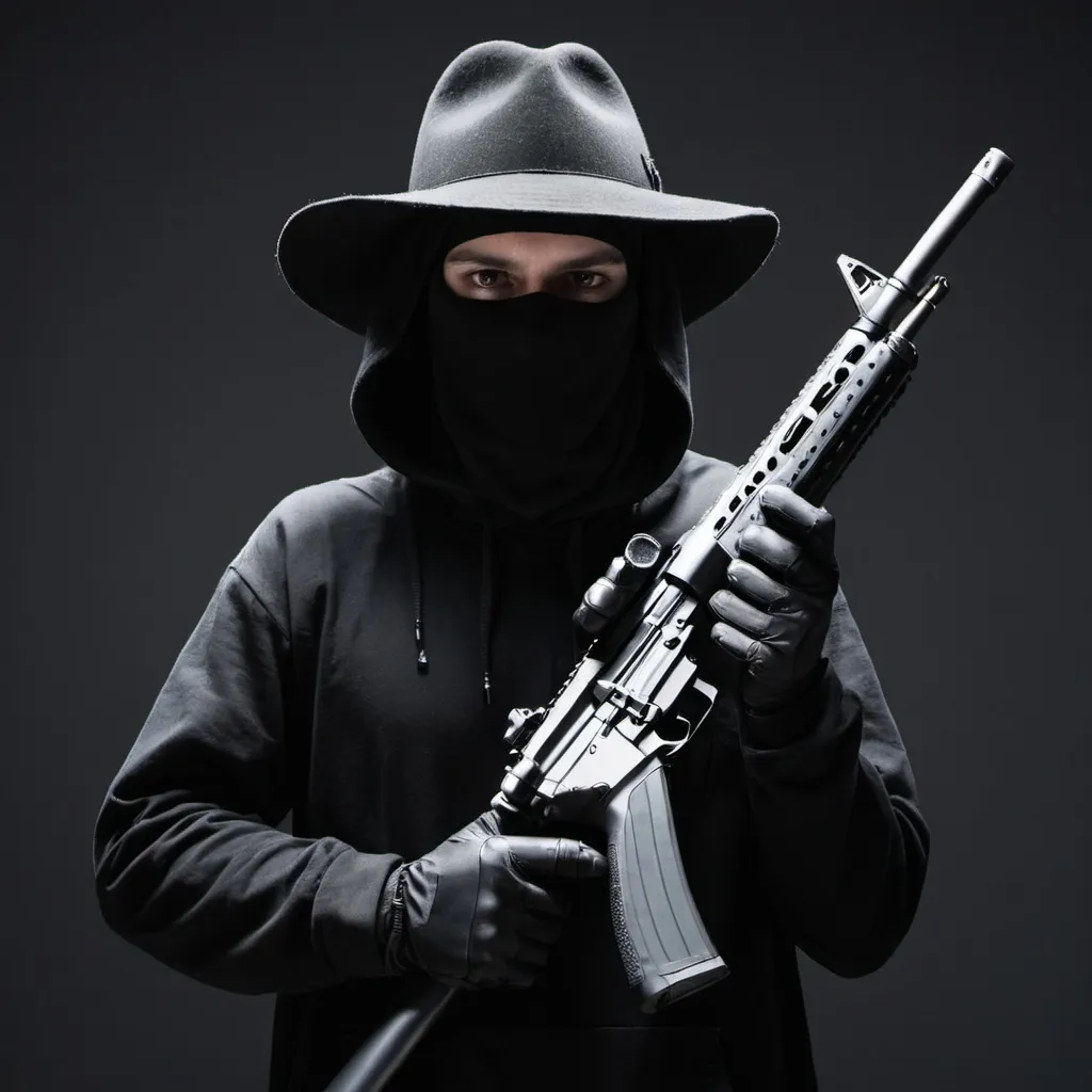 Prompt: A person in black cloths holding a rifle with a hat saying hacker.