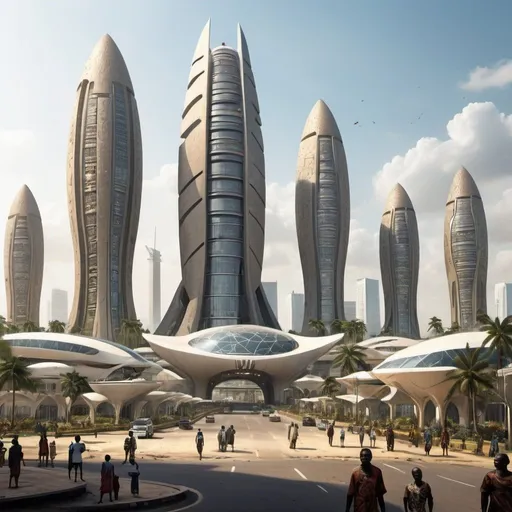 Prompt: futuristic Lagos city in Nigeria concept art with giant african statues, african designs and glass architecture

