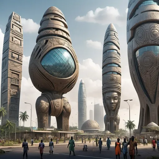 Prompt: futuristic Lagos city in Nigeria concept art with giant african statues, tribal designs and glass archietecture

