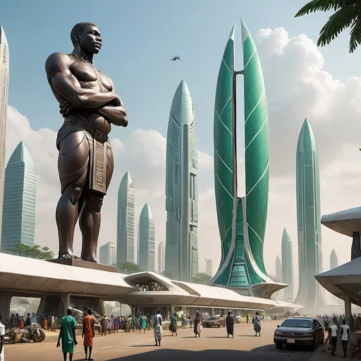 Prompt: futuristic city in Nigeria concept art with giant nigerian statues, nigerian artifacts and glass architecture

