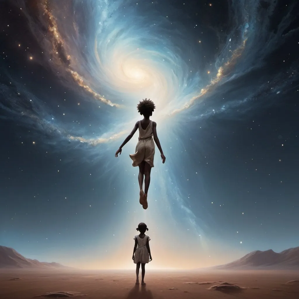 Prompt: In a celestial expanse where the boundaries between sky and void blur into an infinite abyss, two figures plummet through the weightless expanse. The foreground features a young African boy, his face illuminated by the ethereal glow of distant stars, his outstretched arms reaching towards the girl ahead. His expression is one of determination, eyes locked on the elusive figure ahead, hinting at a mix of urgency and longing.

In the distance, slightly ahead, a young African girl glides through the cosmic void, her silhouette radiant against the backdrop of swirling galaxies. Her form is graceful, as if she's navigating the currents of space with ease, yet her expression holds a hint of vulnerability, a silent plea etched in her features.

Between them, the vast emptiness stretches endlessly, a yawning chasm devoid of gravity or form. Yet, despite the void below, there's a palpable sense of connection between the two figures, a bond that transcends the bounds of physical space.

The shot captures the essence of a chase, not just of physical pursuit but of dreams and aspirations, with the boy's descent symbolizing a relentless pursuit of hope and the girl's forward motion embodying the elusive nature of dreams slipping through grasp. The scene is both surreal and poignant, inviting viewers to ponder the depths of human longing and the boundless possibilities of the unknown.