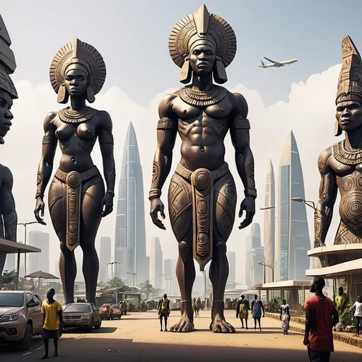 Prompt: futuristic Lagos city in Nigeria concept art with giant african statues and tribal designs

