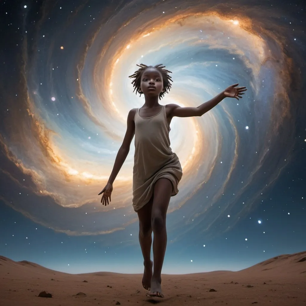 Prompt: In a celestial expanse where the boundaries between sky and void blur into an infinite abyss, two figures plummet through the weightless expanse. The foreground features a young African boy, his face illuminated by the ethereal glow of distant stars, his outstretched arms reaching towards the girl ahead. His expression is one of determination, eyes locked on the elusive figure ahead, hinting at a mix of urgency and longing.

In the distance, slightly ahead, a young African girl glides through the cosmic void, her silhouette radiant against the backdrop of swirling galaxies. Her form is graceful, as if she's navigating the currents of space with ease, yet her expression holds a hint of vulnerability, a silent plea etched in her features.

Between them, the vast emptiness stretches endlessly, a yawning chasm devoid of gravity or form. Yet, despite the void below, there's a palpable sense of connection between the two figures, a bond that transcends the bounds of physical space.

