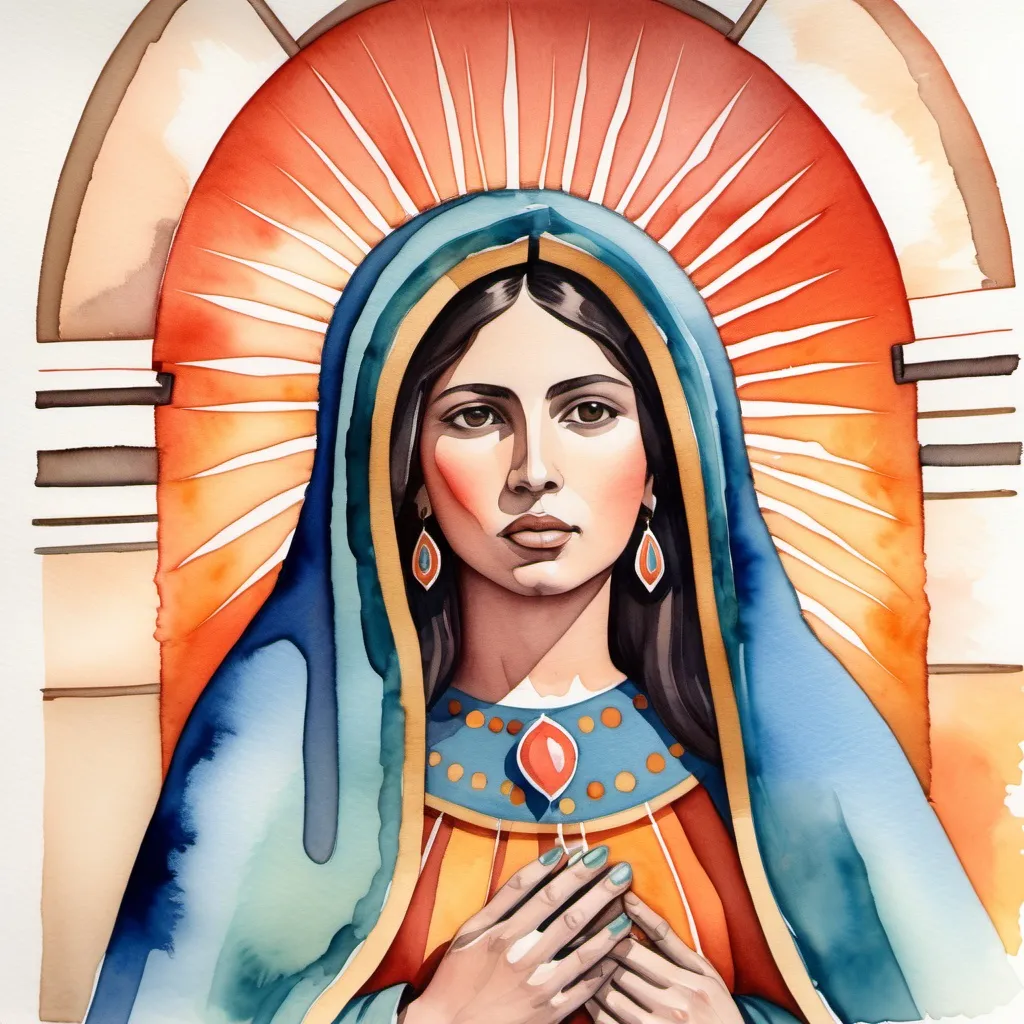 Prompt: engaging composition, watercolor painting, lady Guadalupe