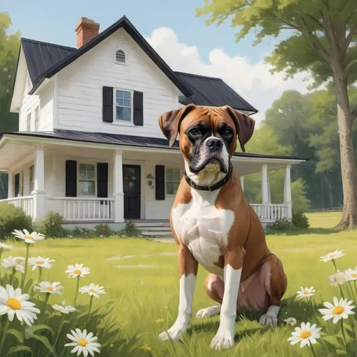 Prompt: A charming, white farmhouse with black trim and roof, set in a sunny, peaceful farm landscape. In the background, there’s a big, tall pine tree swaying gently in the breeze. In the foreground, we see Daisy, a cheerful fawn colored Boxer dog with a black face and ears, white on her chest and paws, and a short tail. Daisy is sitting happily in the grass in front of the house, looking at the reader. digital art, subtle colors, in style of leo lionni, happy atmosphere
--style raw
--ar 3:4
--v 6