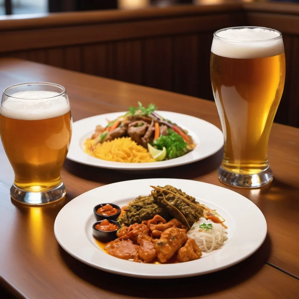 Prompt: two plates of ethnic food with two pints of beer. no people.  no labels, modern design. 1200x1000 pixel