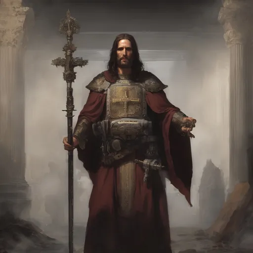 Prompt: A full body portrait of Jesus Christ as a warhammer 40k ministorum priest holding a chainsaw-like sword in both hands