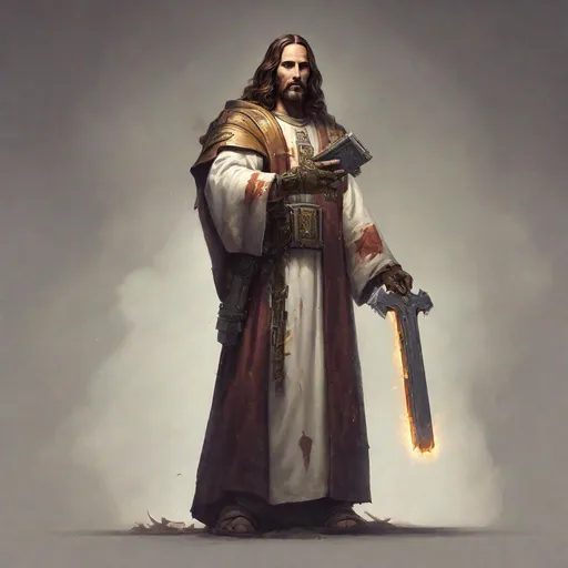 Prompt: A full body portrait of Jesus Christ as a warhammer 40k ministorum priest wielding a sword that looks like a chainsaw on his right hand while holding a bible on his left hand