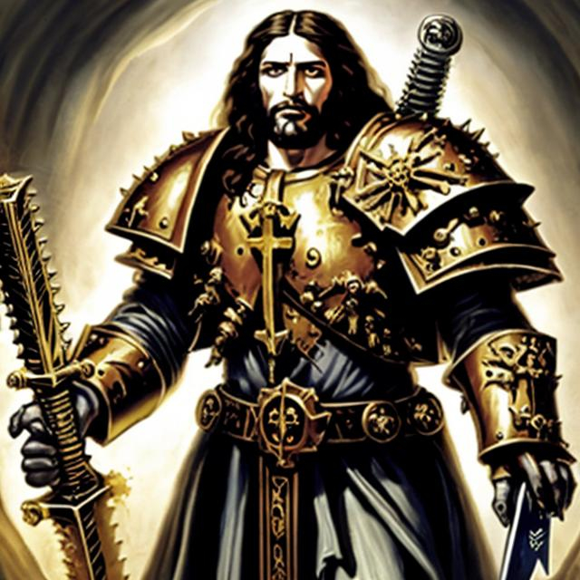 Prompt: A full body portrait of Jesus Christ as a warhammer 40k ministorum priest wielding a sword that looks like a chainsaw on his right hand while holding a bible on his left hand