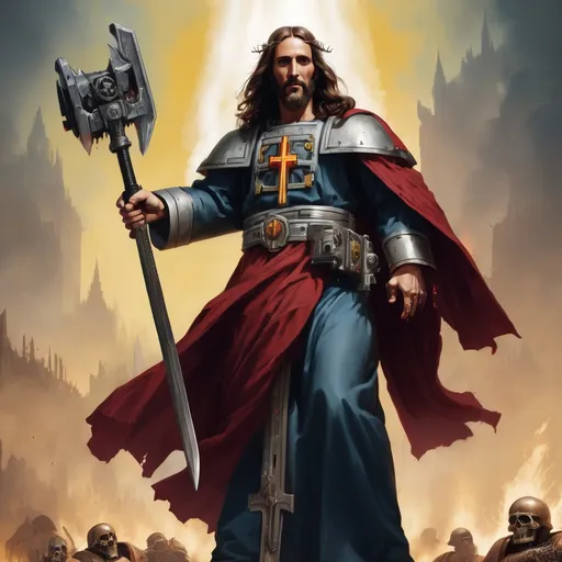 Prompt: A full body portrait of Jesus Christ as a warhammer 40k ministorum priest holding a chainsaw looking sword in his right hand