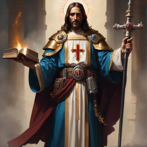 Prompt: A full body portrait of Jesus Christ as a warhammer 40k ministorum priest holding a sword in his right hand and carrying the bible on his left hand.
