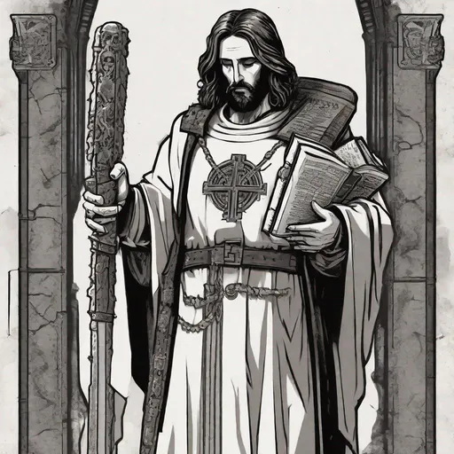 Prompt: A full body portrait of Jesus Christ as a warhammer 40k ministorum priest wielding a sword that looks like a chainsaw on his right hand while holding a bible on his left hand