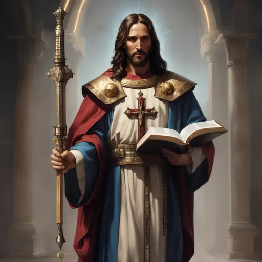 Prompt: A full body portrait of Jesus Christ as a warhammer 40k ministorum priest holding a sword in his right hand and carrying the bible on his left hand.